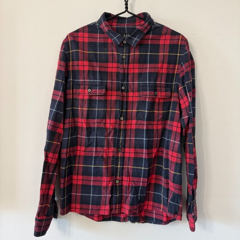A.P.C. Rue Madame Paris Red Two Pocket Plaid Flannel Shirt Size L